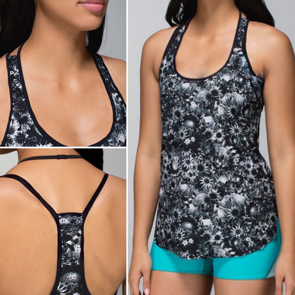 Lululemon‎ Water Bound Singlet Tank Top Sz 4 Black Floral Print Cut Out Strappy